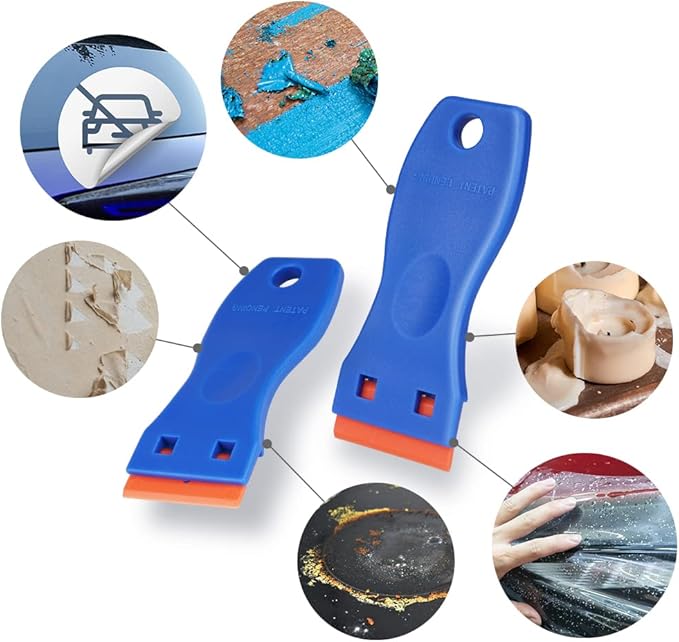 Ainiv Plastic Razor Blade Scrapers, 2PCS Scraper Tool with 30PCS Blades, Multi-funtional Cleaning Razor Scraper for Removing Stickers, Labels, Caulk, Adhesive, Paint Removal-Blue&Orange