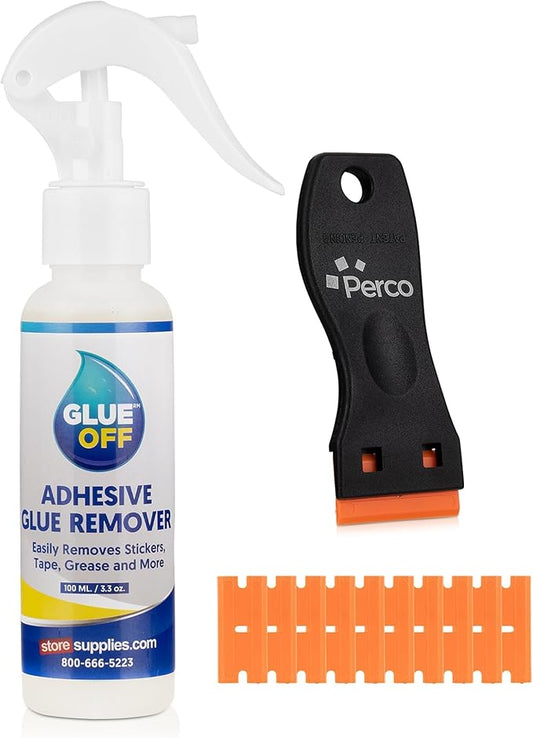 Perco Glue Off Adhesive Sticker Remover 3.3 fl. oz & Scraper with Plastic Razor for Removing Labels (Adhesive Sticker Remover & Scraper w/Plastic Razor)