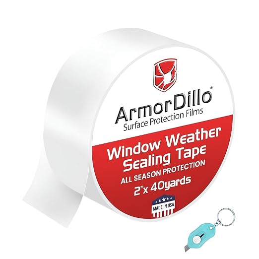 ArmorDillo Transparent Window Weather Sealing Tape, w Free Utility Knife, 2 inch X 120FT (40 YDS) - Clear Weather Stripping Tape, Draft Isolation & Insulation, No Residue, for Windows, Doors, AC & RV