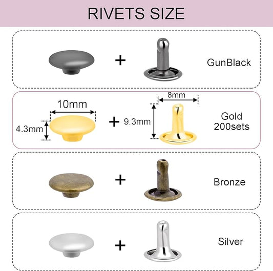 CooBigo 200Sets Rivets for Leather, 10mm Double Cap Leather Rivets Metal Tubular Studs for Leather Key Fob Clothing Pets Collar Boots Bags Belt Repair and Decoration (Gold)