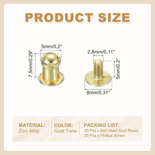 PATIKIL 5 mm Leather Rivets, 20 Sets Ball Head Stud Screw Back Round Head Button Chicago Screw Nipple Stud Rivet for Leather DIY Craft Handbag Belt Repairs, Gold Tone