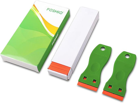 FOSHIO 2PCS Green Plastic Razor Sticker Remover Paint Scrapers with Contoured Grip + 100 PCS 1.5 inch Refillable Double Edge Plastic Razor Blades for Cleaning Adhesive Vinyl Decals Stickers Labels
