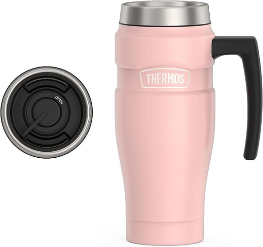 THERMOS Stainless King Vacuum-Insulated Travel Mug with Handle - 16oz, Matte Pink Tumbler for Hot & Cold Drinks - Leak & Sweat-Proof Stainless Steel Coffee Mug with Lid for Commuting