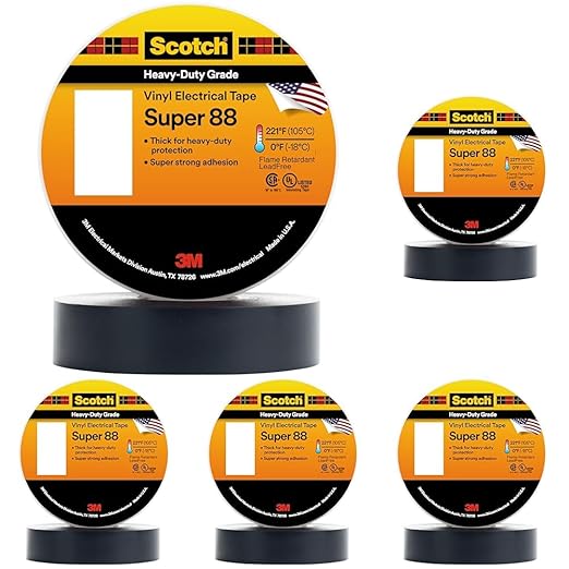 3M Scotch Vinyl Electrical Tape Super 88, 3/4 in x 36 yd (108 ft), Black, 1 Long Roll, Premium Grade, Rubber Resin Adhesive, PVC Backing, All-Season Heavy Duty Electric Tape (Pack of 5)