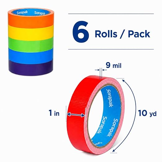 Colored Duct Tape 6 Rolls, 1 in x 10 yd, Rainbow Tape for DIY Crafts | Strong Adhesive, Easy Tear, Waterproof for Packing, Repairs, Color Coding, Home, School & Office