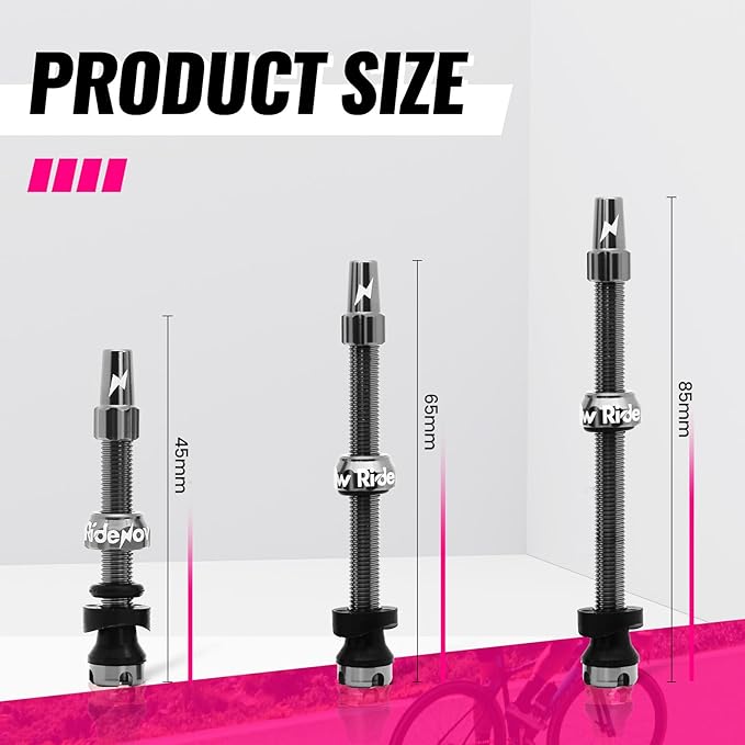 RideNow Tubeless Presta Valve Stems, 45mm Super Light 7075 Aluminum Alloy Presta Tubeless Valve Stem Kit with Valve Core Remover Tool and Valve Stem Caps, Multiple Color & Size(Pair), Titanium Gray