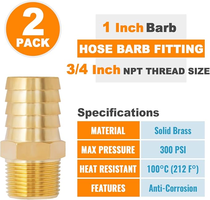 SUNGATOR Hose Barb Fittings 1-Inch Barb × 3/4 Inch NPT, Brass Air Hose Fittings, 1" to 3/4" NPT Male Air Line Repair Connector Kit, Brass Male Thread Pipe Adapter (2 Pack)