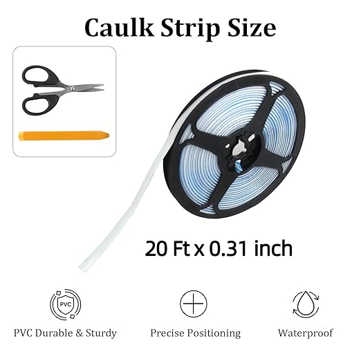 Caulk Tape 0.3" x 20', Waterproof Self Adhesive Caulk Strip, Narrow White Caulk Strip for Toilet Sealer, Toilet, Kitchen, Bathroom, Sink, Shower, Bathtub Edge Protector, PVC Caulking Tape (1)