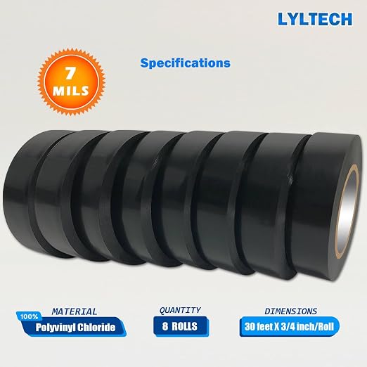 LYLTECH Black Vinyl Electrical Tape 8 Rolls 7mil 3/4in x 30ft | Waterproof strong adhesive durable easy wrap insulation tape, high temperature resistant for general electric wiring use