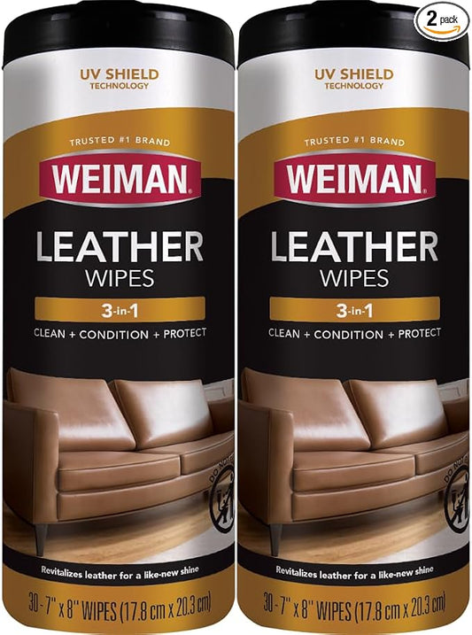 Weiman Leather Wipes - 2 Pack - Clean Condition UV Protection Help Prevent Cracking or Fading of Leather Furniture, Car Seats & Interior, Shoes and More