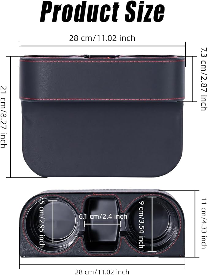 Car Cup Holder for Seat Gap Filler, PU Leather Car Seat Gap Filler Organizer Storage Box, Multifunctional Automotive Interior Accessory with Cupholder & Phone Holder (Black)