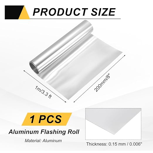 uxcell Aluminum Flashing Roll, 8in x 3.3ft Metal Roof Panels 0.15mm Waterproof Aluminum Sheet Roll for House Repair, Roof Flashing, Sealing Windows Doors, DIY Projects