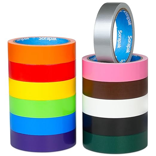 Colored Duct Tape 12 Rolls, 1 in x 10 yd, Rainbow Tape for DIY Crafts | Strong Adhesive, Easy Tear, Waterproof for Packing, Repairs, Color Coding, Home, School & Office