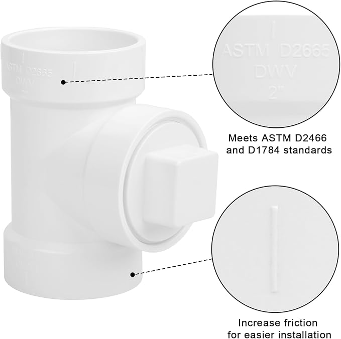 3Pack 2IN PVC DWV Cleanout Tee with Plug Pipe Fitting (Socket x Socket x FPT) SCH40 2IN DWV PVC Sewer Cleanout Tee with NPT Female Cap Cover for pipe, Drain, Waste, Vent