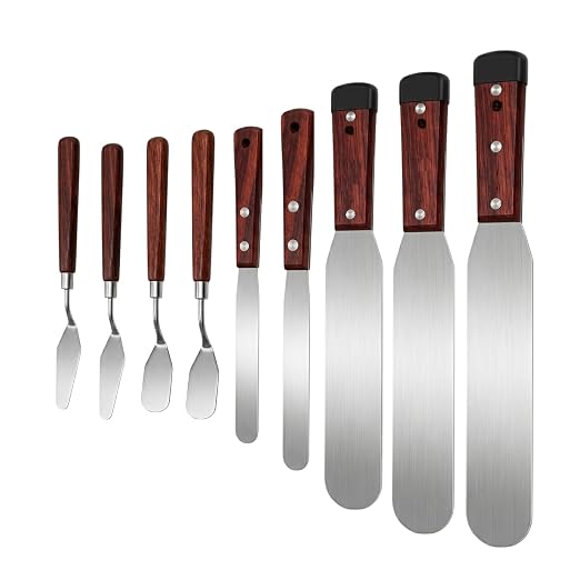 9-Piece Professional Caulking Spatula Set with Wooden Handle | 9-piece caulking tool kit with 1.0mm ultra-flexible stainless steel scraper, canvas bag for baseboards, sinks,tight gaps