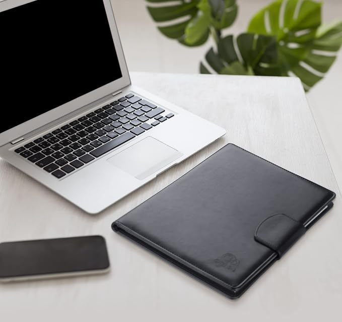Agoer Professional Padfolio Clipboard Folder with 3xMagnetic Closure Cover | Faux Leather,A4 Size,With A4 Writing Pad & Pen & Sticky Tab,for Business Office Conference(Black),Portfolio Legal Pad Holder