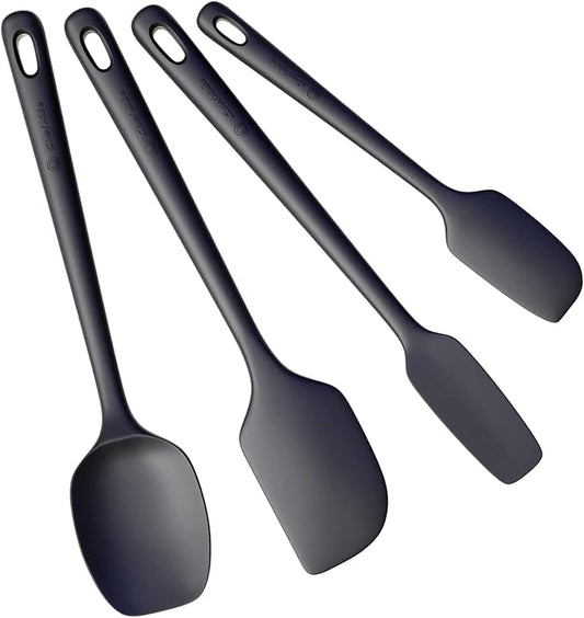 ChefAide 4 Pieces Silicone Spatula Set, Food Grade Rubber Spatula, Upgrade Strong Handle with Ergonomic Grip, Heat Resistant Up to 600°F for Nonstick Cookware, Cooking Baking Mixing, Black (SP4)