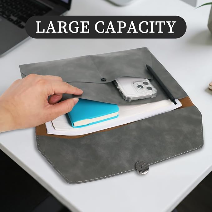 MultiBey PU Leather A4 Document Holder File Organizer with Snap Closure, Waterproof/Water‑Resistant A4 & Letter Size Envelope Folder 13 x 9.5 in - Holds up to 100 Sheets (Elegant Grey)