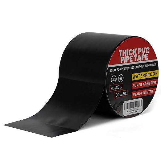 TAPEBEAR Corrosion Protection Pipe Tape, 10mil Pipe Wrap Tape for Drain Pipe, Metal Electrical Outdoor Underground Pipe, Waterproof PVC Black Tape Thicker for Hose Leak Proof, 4Inch x 33Yard
