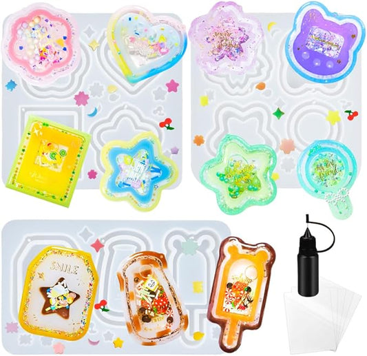 Resin Shaker Molds Set Kawaii Keychain Charms Pack of 9 Epoxy Silicone Trays Precision Tip Applicator Bottle Kit Bundle
