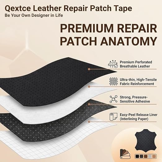 Qextce Perforated Leather Repair Patch Tape, Grey, 17x100 Inch | Breathable, Self-Adhesive, For Furniture, Couches, Car Seats, Office Chairs, Faux Leather & Vinyl Repair Kit