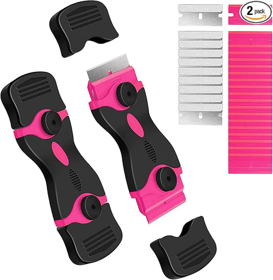 DEKEones Razor Blade Scraper, 2 Pack Double Edged Razor blade Scraper Tool with 30 Pcs Razor Blades, Glass Scraper for Windows, Decals, Tint, Stickers, Labels, Caulk, Adhesive（Pink）