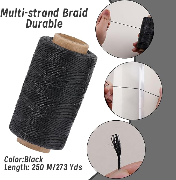 TLKKUE Upholstery Repair Sewing Thread Kit, 273 Yards Waxed Thread Needle Straight Awl, Heavy Duty Wax String Sewing Kit for Upholstery Repair Leather Crafting DIY Stitching (Black)