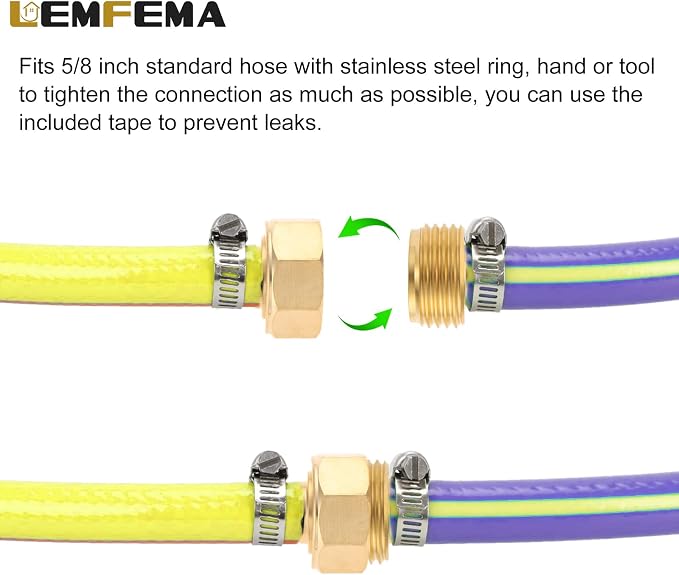 4 Sets 5/8 Inch Garden Hose Connector Repair Kit, Solid Brass Water Hose Coupling Splicer Mender Female and Male Hose Connector with Tape, Stainless Steel Clamp and Rubber Gasket