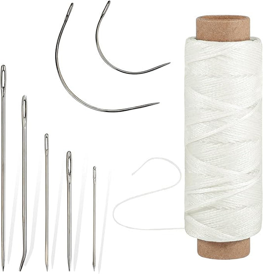 55Yards Waxed Thread with 7 Pcs Leather Hand Sewing Needles - 150D Flat Waxed Thread for Leather Repair, Upholstery, Canvas Bags, Sofa Furniture (White)