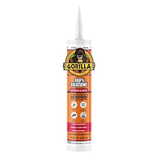 Gorilla 100% Silicone Caulk Kitchen & Bath Sealant, Mold Resistant, 10 oz. Cartridge, White