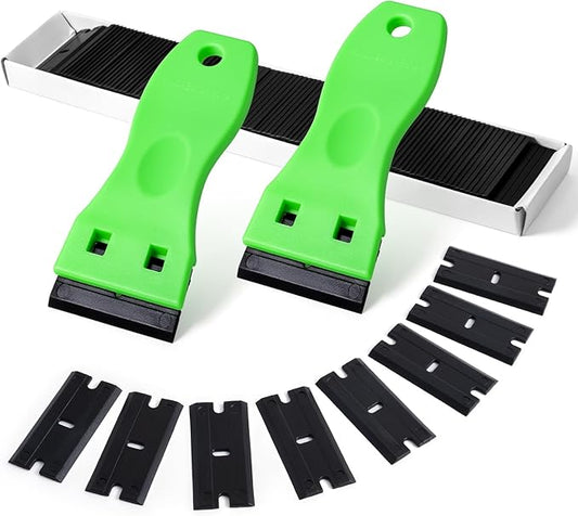FOSHIO 2PCS Plastic Razor Blade Scraper Tool and 100PCS Plastic Blades for Gasket Remover, Sticker Remover, Labels Decal and Adhesive Remover for Windows and Glass (Lime Green)
