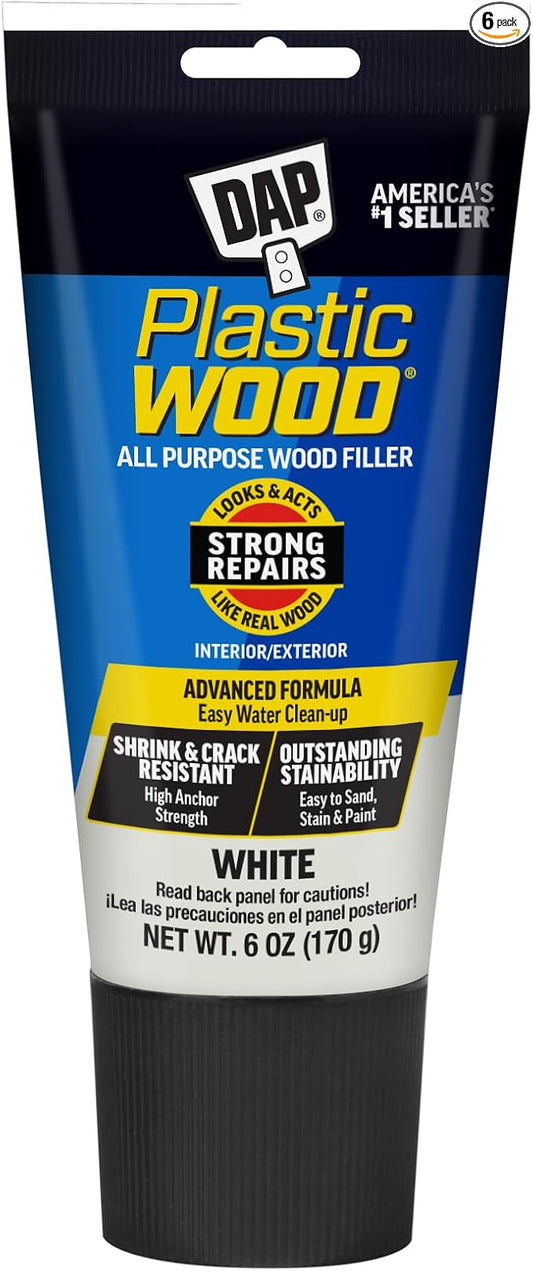 DAP Plastic Wood All Purpose Latex Wood Filler, White, 6 Oz - Packaging May Vary (Pack of 6)