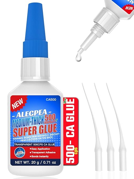 20g Medium-Thick CA Glue (500 CPS), Instant Clear Cyanoacrylate Glue for Wood, Glass, Metal, Paper, Leather, Plastic, Ceramic, Rubber, Jewelry, Woodworking, Hobby Models, and Craft Project