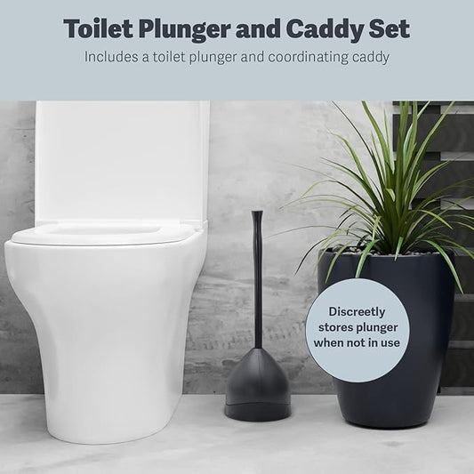 Casabella Toilet Plunger and Hideaway Caddy Combo for Bathrooms, 2-Piece Heavy-Duty Set, Black