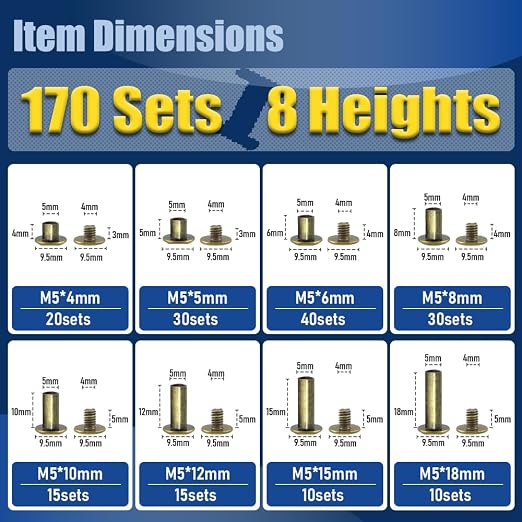 170 Sets Bronze Chicago Screws Leather Rivets Kit, 8 Sizes (M5*4,5,6,8,10,12,15,18) & 3 Screw Lengths (M4*3,4,5) for Belts, Bookbinding, DIY Leather (Bronze)