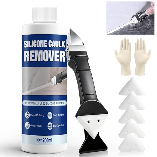 Caulk Remover, Silicone Caulk Remover, Stronger and Specialized Formula, Safer Around Family, with 3 in 1 Remove Scraper, Easily Remove from Surfaces Like Bathtubs, Showers, Windows, Kitchens, 200ml