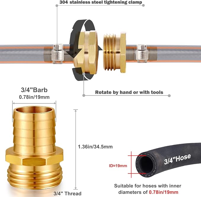 Solid Brass Garden Hose Repair kit Connector with Clamps 3/4" Barb x 3/4" Male,Fit for Garden Hose Fitting,Male and Female Hose Fittings