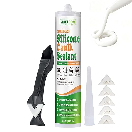 SHIELDOM Silicone Caulk White Silicone Sealant 100% Waterproof All Purpose Caulk & Seal with Caulking Tool Stronger Adhesion Shrink & Crack Proof for Kitchen, Window, Bath, Marine, Door 14oz/400ml