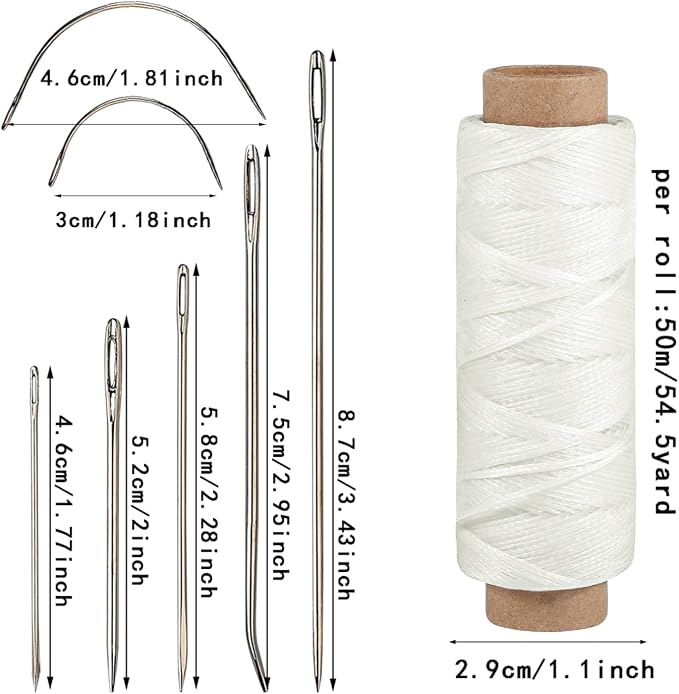 55Yards Waxed Thread with 7 Pcs Leather Hand Sewing Needles - 150D Flat Waxed Thread for Leather Repair, Upholstery, Canvas Bags, Sofa Furniture (White)