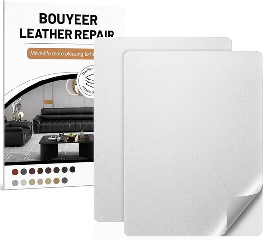 BOUYEER Leather Repair Patch Tape Kit,Self Adhesive Leather Repair for Sofa，Car Seat,Office Chair,Furniture,Jacket,Waterproof Strong Adhesive Vinyl Repair Kit. 8 in x 11 in,Fine Grained White