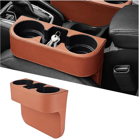 Car Gap Filler Organizer, Multifunctional Leather Console Side Crevice Blocker Storage Box with Cup Holder, Auto Seat Gap Stopper Organizer for Keys, Phones, Glasses, Universal Fit (Brown)