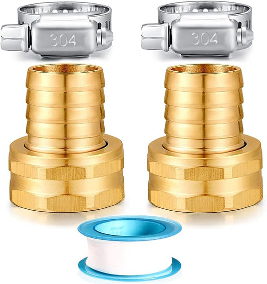 Solid Brass Garden Hose Repair kit Connector with Stainless Steel Clamps, Male Adapter/Female Garden Hose Swivel Fitting… (3/4" Barb x 3/4" Female -2 Sets)