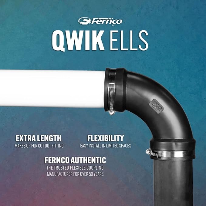 Fernco 1.5" Flexible PVC 90-Degree Elbow Includes Optional 1.25" Reducer Bushing for DWV Cast Iron, Steel and Plastic Pipe Connections