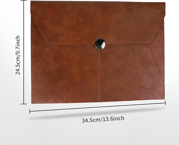 MultiBey PU Leather A4 Document Holder File Organizer with Snap Closure, Waterproof/Water‑Resistant A4 & Letter Size Envelope Folder 13 x 9.5 in - Holds up to 100 Sheets (Amber Brown)