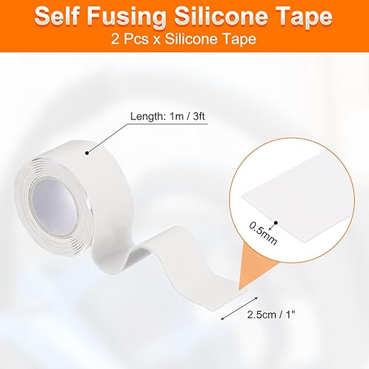 uxcell 2 Pcs Self Fusing Silicone Tape, 1" x 3ft Waterproof Water Leak Sealing Tape for Plumbing Pipe Hose Repair Handles, White (0.5mm Thick)