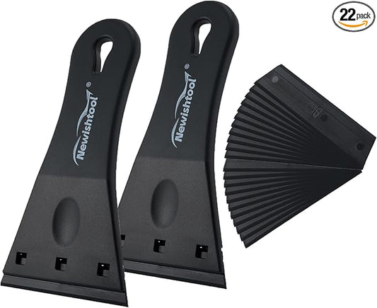 NewishTool Plastic Razor Scraper with 3-Inch Blade, Pack of 2 with 20 Extra Blades for Glue Residue Labels, Decals & Stickers on Windows & Glass