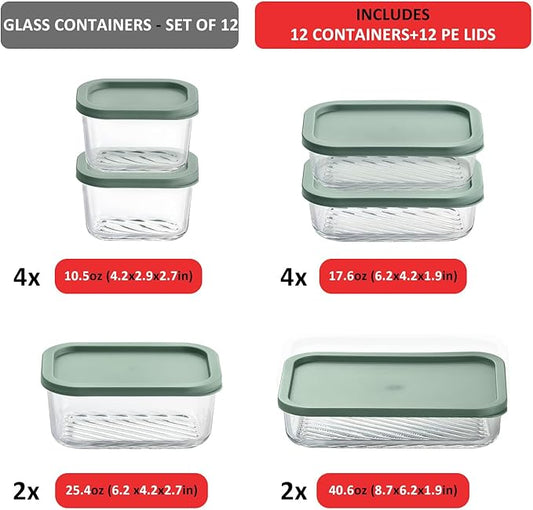 EATEX 12 Pack Glass Meal Prep Containers with Grooved Base, 12 Stackable BPA Free Glass Storage Containers with Lids for Lunch, Pantry, and Kitchen - Microwave, Dishwasher Freezer & Oven Safe - Sage