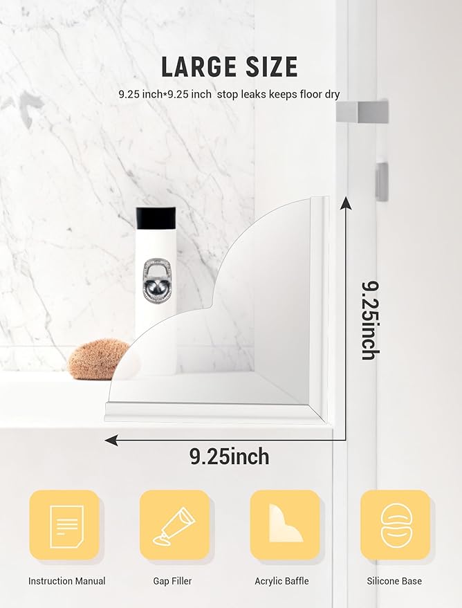 EVOULTES 2 Pack Large Shower Splash Guard Kit, Upgrade 9.25 x 9.25 Bathtub Shower Water Splash Guards, Self-Adhesive Shower Guards to Keep Water in Shower, Shower Water Blocker from Splashing Out