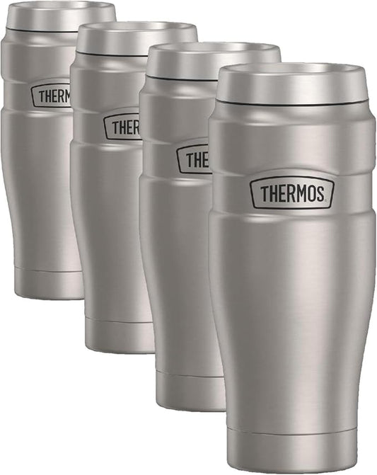THERMOS Stainless King Travel Tumbler, 16 Ounce, Vacuum-Insulated | Matte Steel | Pack of 4