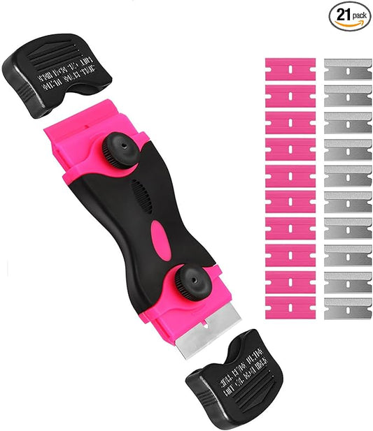 Razor Blade Scraper Tool Kit, Pink Razor Scrapers Tool & 20Pcs Extra Blades, Plastic Paint Scraper Tool, Razor Scraper Tool for Glass Top Stove, Scrappers for Cleaning Window,Decals,Stickers,Adhesive